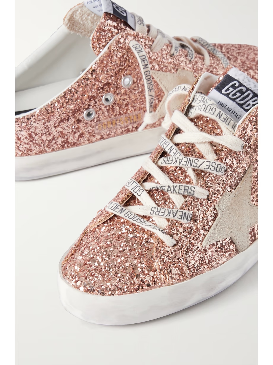 Super-Star Sabot distressed suede-trimmed glittered leather slip-on sneakers Super-Star Sabot distressed suede-trimmed glittered leather slip-on sneakers