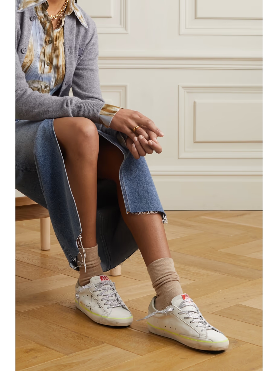 Superstar distressed embroidered textured-leather sneakers Superstar distressed embroidered textured-leather sneakers