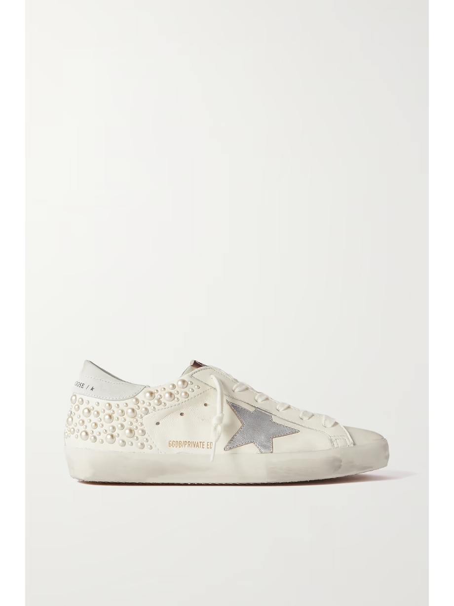 Superstar pearl-embellished distressed leather sneakers Superstar pearl-embellished distressed leather sneakers