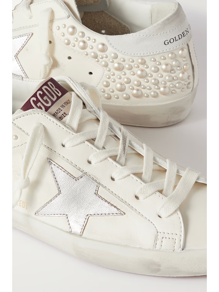 Superstar pearl-embellished distressed leather sneakers Superstar pearl-embellished distressed leather sneakers