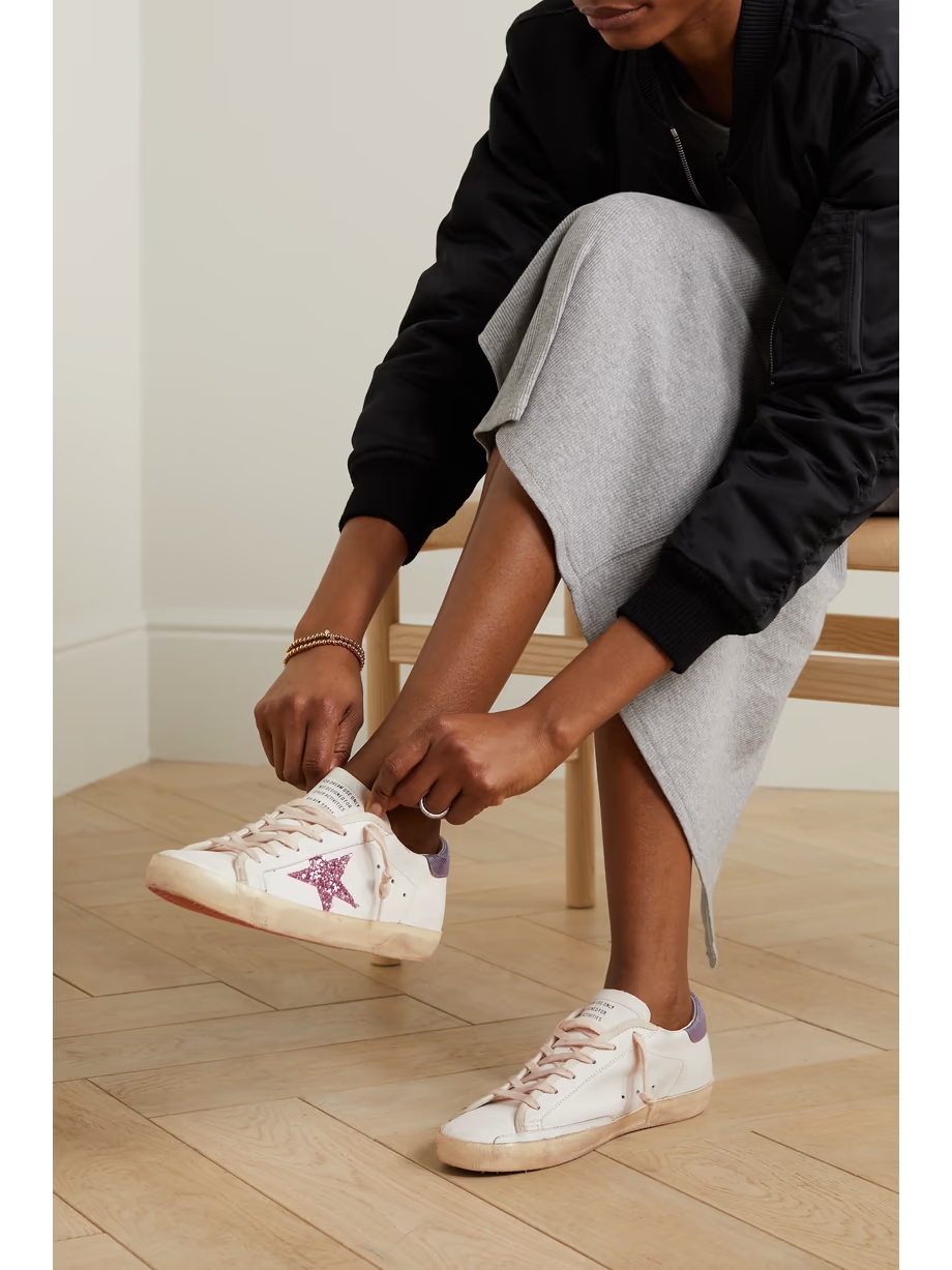 Superstar glittered distressed snake-effect trimmed leather sneakers Superstar glittered distressed snake-effect trimmed leather sneakers