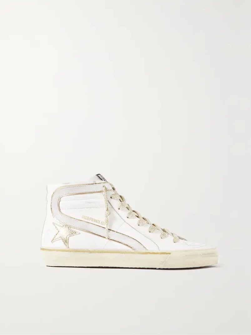 Slide distressed suede and metallic-trimmed leather high-top sneakers Slide distressed suede and metallic-trimmed leather high-top sneakers
