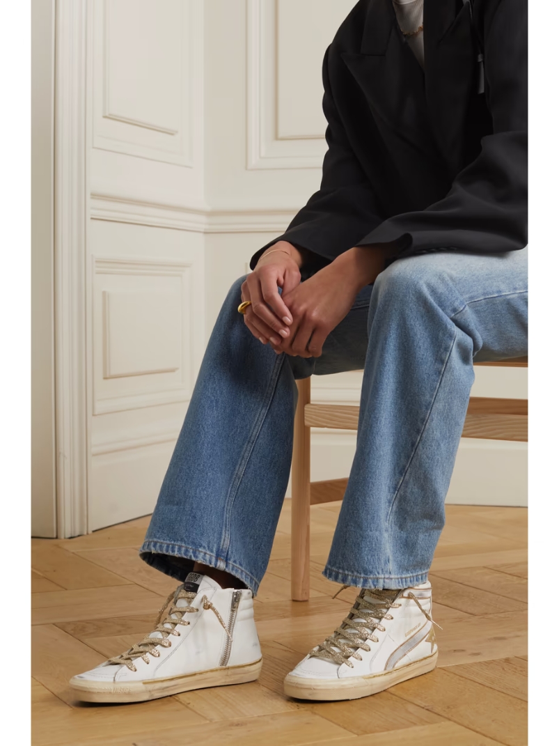 Slide distressed suede and metallic-trimmed leather high-top sneakers Slide distressed suede and metallic-trimmed leather high-top sneakers