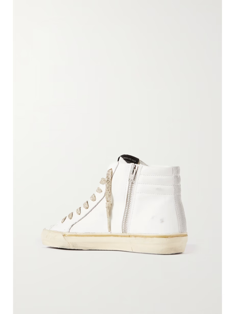 Slide distressed suede and metallic-trimmed leather high-top sneakers Slide distressed suede and metallic-trimmed leather high-top sneakers