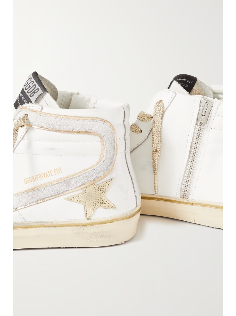 Slide distressed suede and metallic-trimmed leather high-top sneakers Slide distressed suede and metallic-trimmed leather high-top sneakers