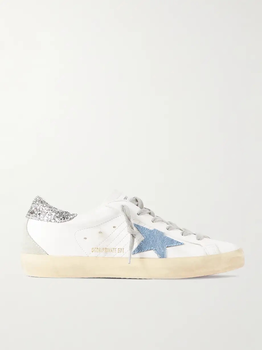 Superstar distressed denim-trimmed glittered leather sneakers Superstar distressed denim-trimmed glittered leather sneakers