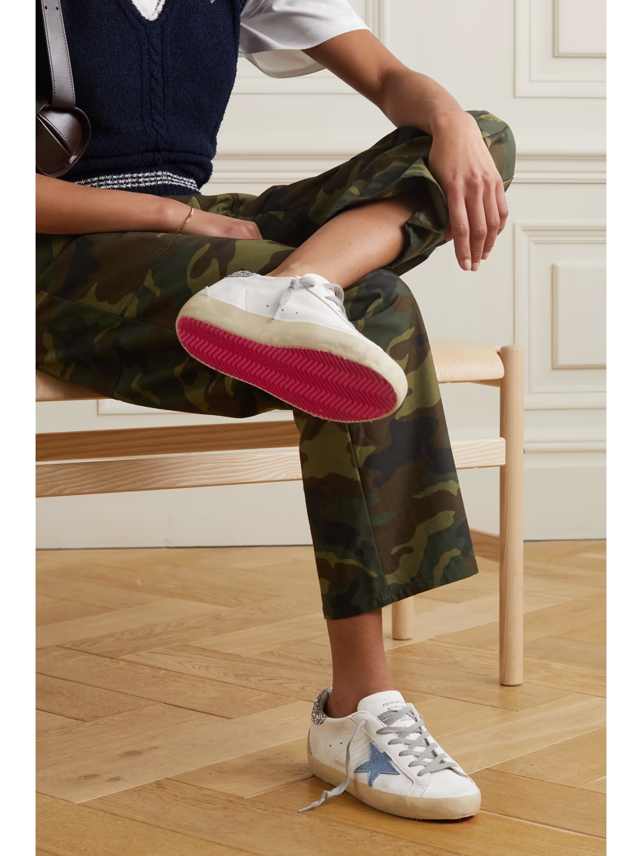Superstar distressed denim-trimmed glittered leather sneakers Superstar distressed denim-trimmed glittered leather sneakers
