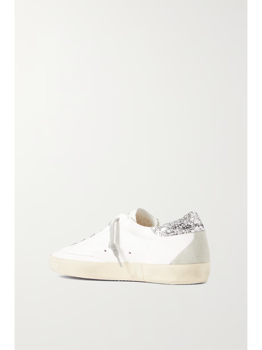 Superstar distressed denim-trimmed glittered leather sneakers Superstar distressed denim-trimmed glittered leather sneakers