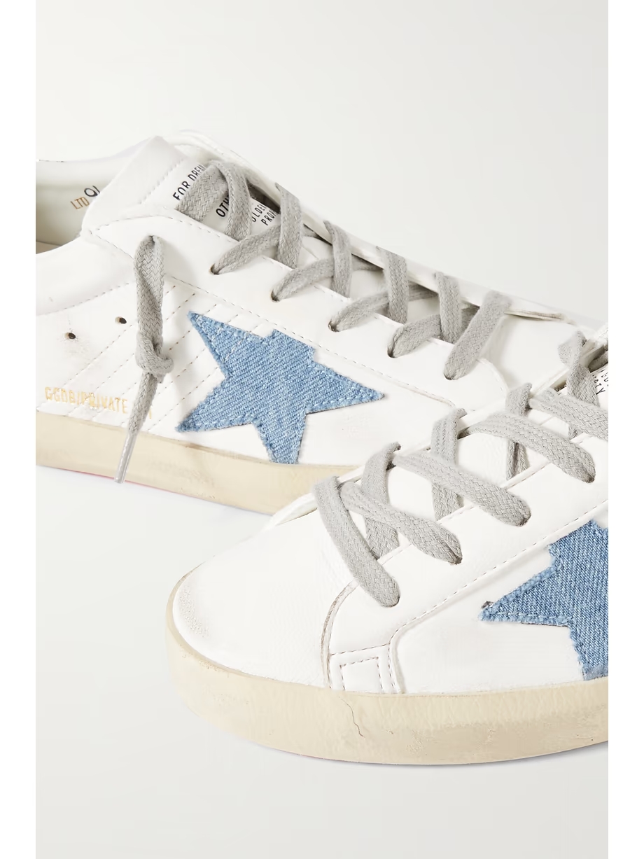 Superstar distressed denim-trimmed glittered leather sneakers Superstar distressed denim-trimmed glittered leather sneakers