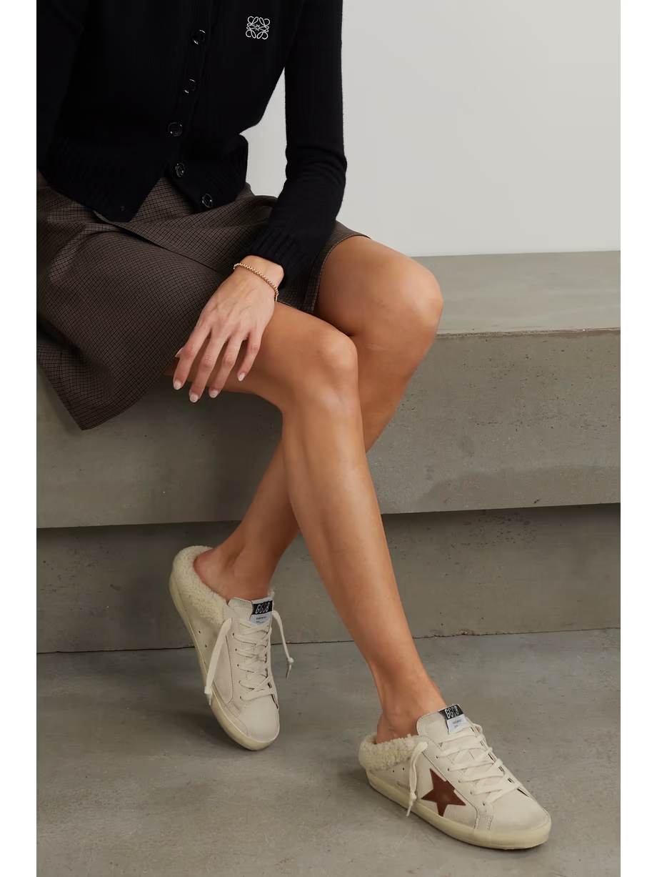 Super-Star Sabot shearling-lined distressed leather-trimmed suede slip-on sneakers Super-Star Sabot shearling-lined distressed leather-trimmed suede slip-on sneakers