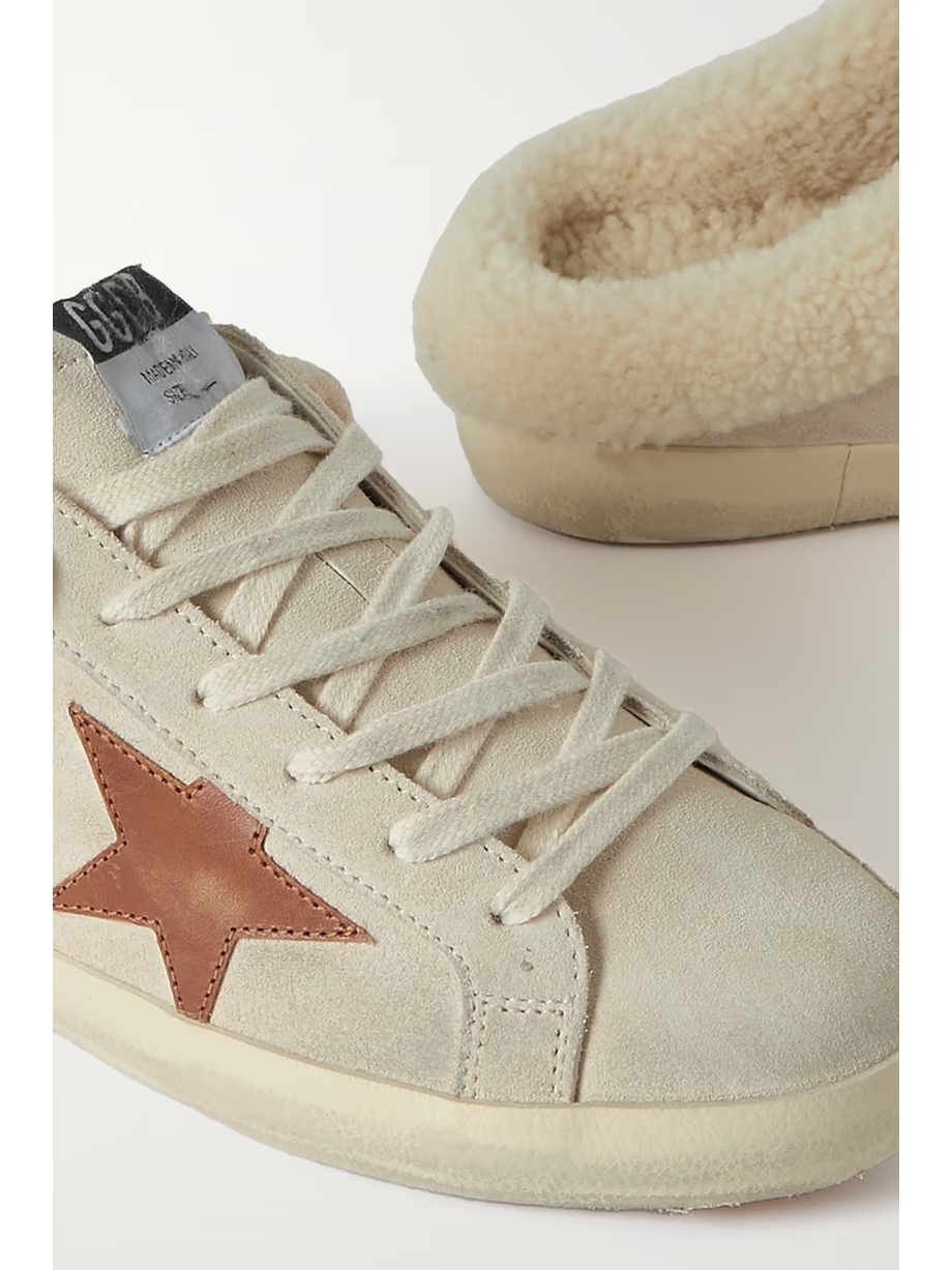 Super-Star Sabot shearling-lined distressed leather-trimmed suede slip-on sneakers Super-Star Sabot shearling-lined distressed leather-trimmed suede slip-on sneakers