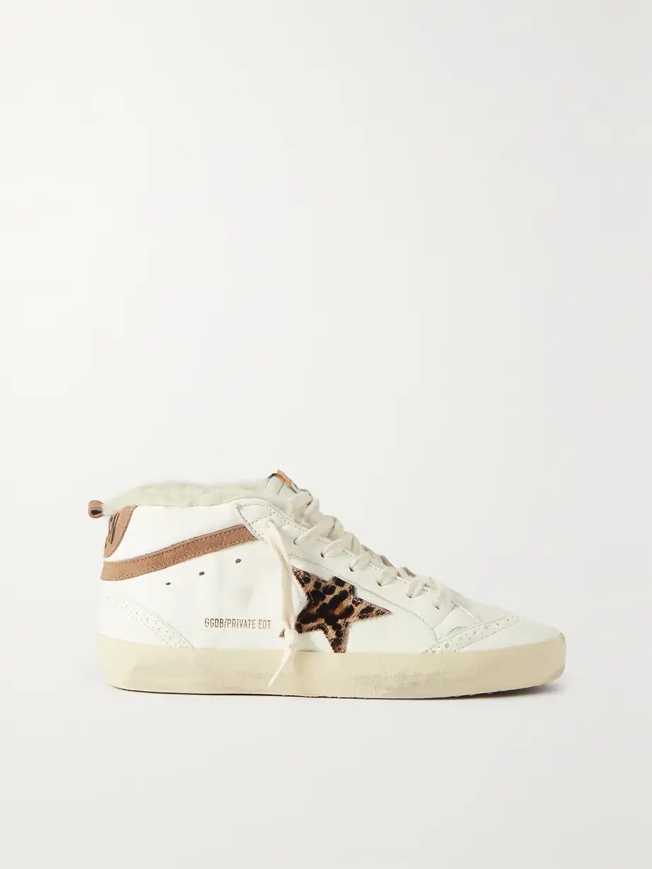 Mid Star shearling-lined distressed leopard-print calf hair, suede and leather sneakers Mid Star shearling-lined distressed leopard-print calf hair, suede and leather sneakers