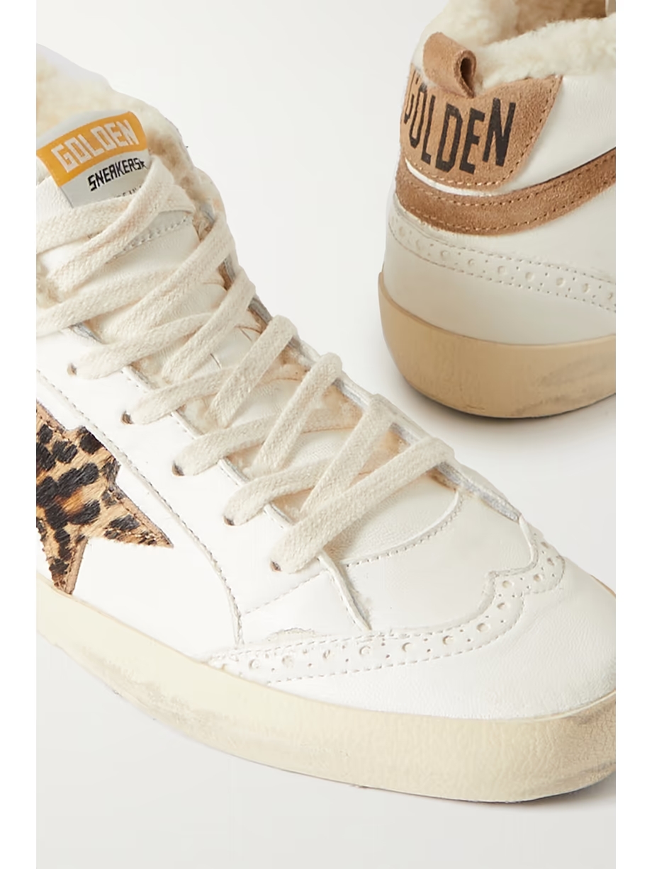 Mid Star shearling-lined distressed leopard-print calf hair, suede and leather sneakers Mid Star shearling-lined distressed leopard-print calf hair, suede and leather sneakers