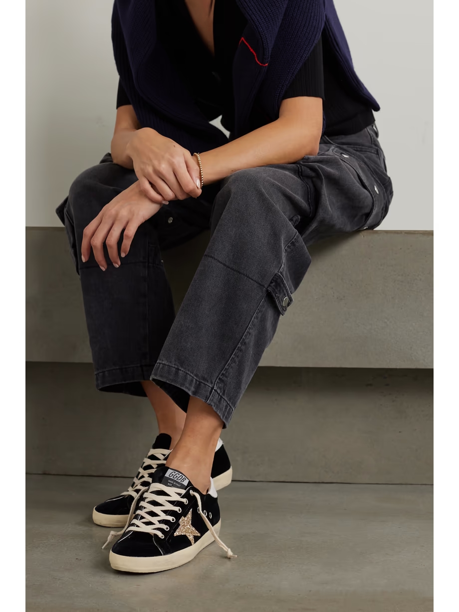 Super-Star eyelet-embellished distressed glittered leather and velvet sneakers Super-Star eyelet-embellished distressed glittered leather and velvet sneakers