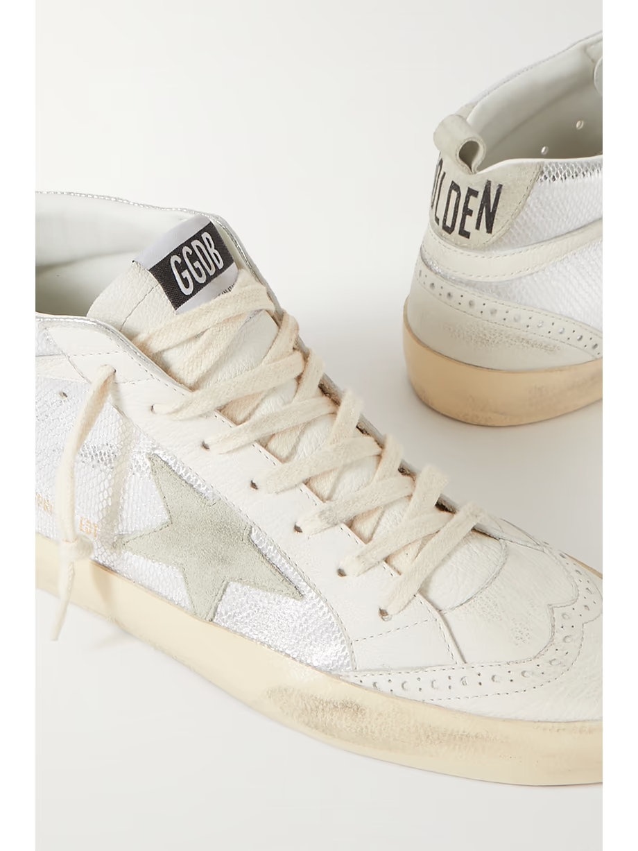 Mid Star distressed suede-trimmed metallic snake-effect leather sneakers Mid Star distressed suede-trimmed metallic snake-effect leather sneakers