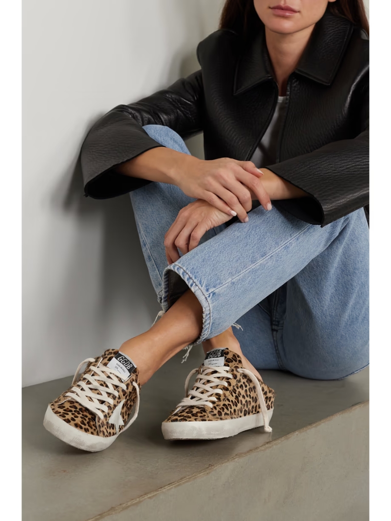 Super-Star Sabot distressed leopard-print calf hair slip-on sneakers Super-Star Sabot distressed leopard-print calf hair slip-on sneakers