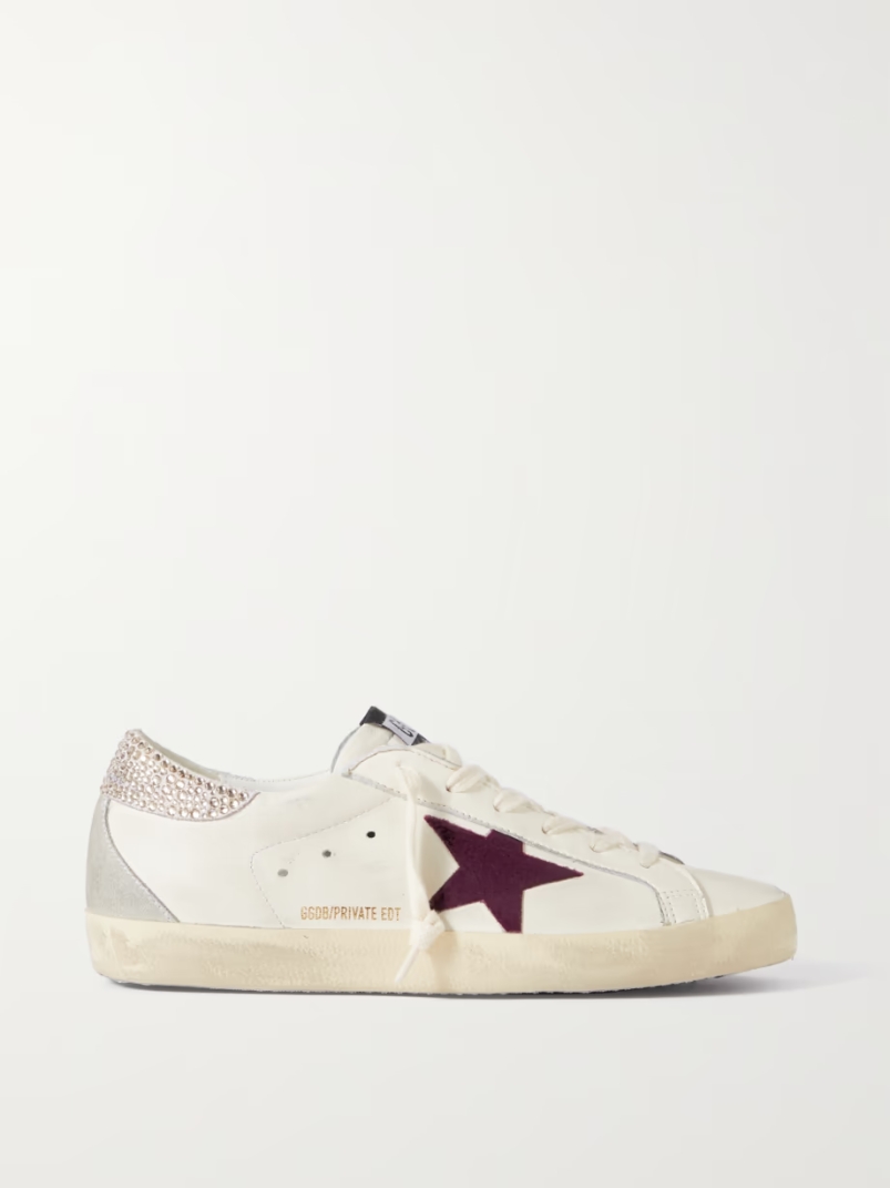 Super-Star crystal-embellished velvet-trimmed distressed leather sneakers Super-Star crystal-embellished velvet-trimmed distressed leather sneakers