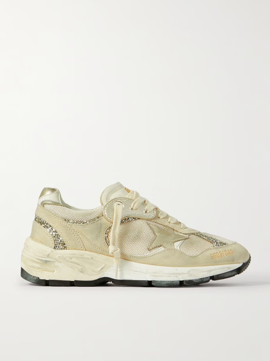 Dad-Star distressed glittered suede, mesh and metallic leather sneakers Dad-Star distressed glittered suede, mesh and metallic leather sneakers