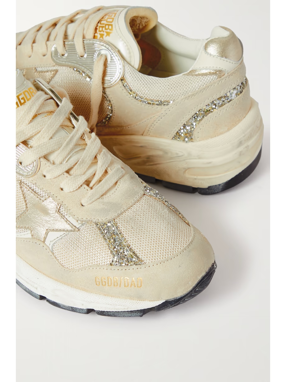 Dad-Star distressed glittered suede, mesh and metallic leather sneakers Dad-Star distressed glittered suede, mesh and metallic leather sneakers