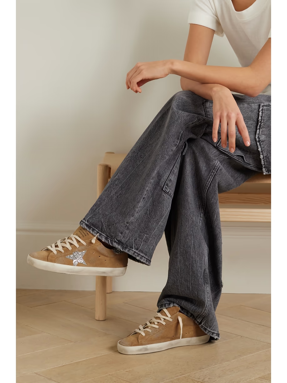 Super-Star distressed glittered leather-trimmed suede sneakers Super-Star distressed glittered leather-trimmed suede sneakers