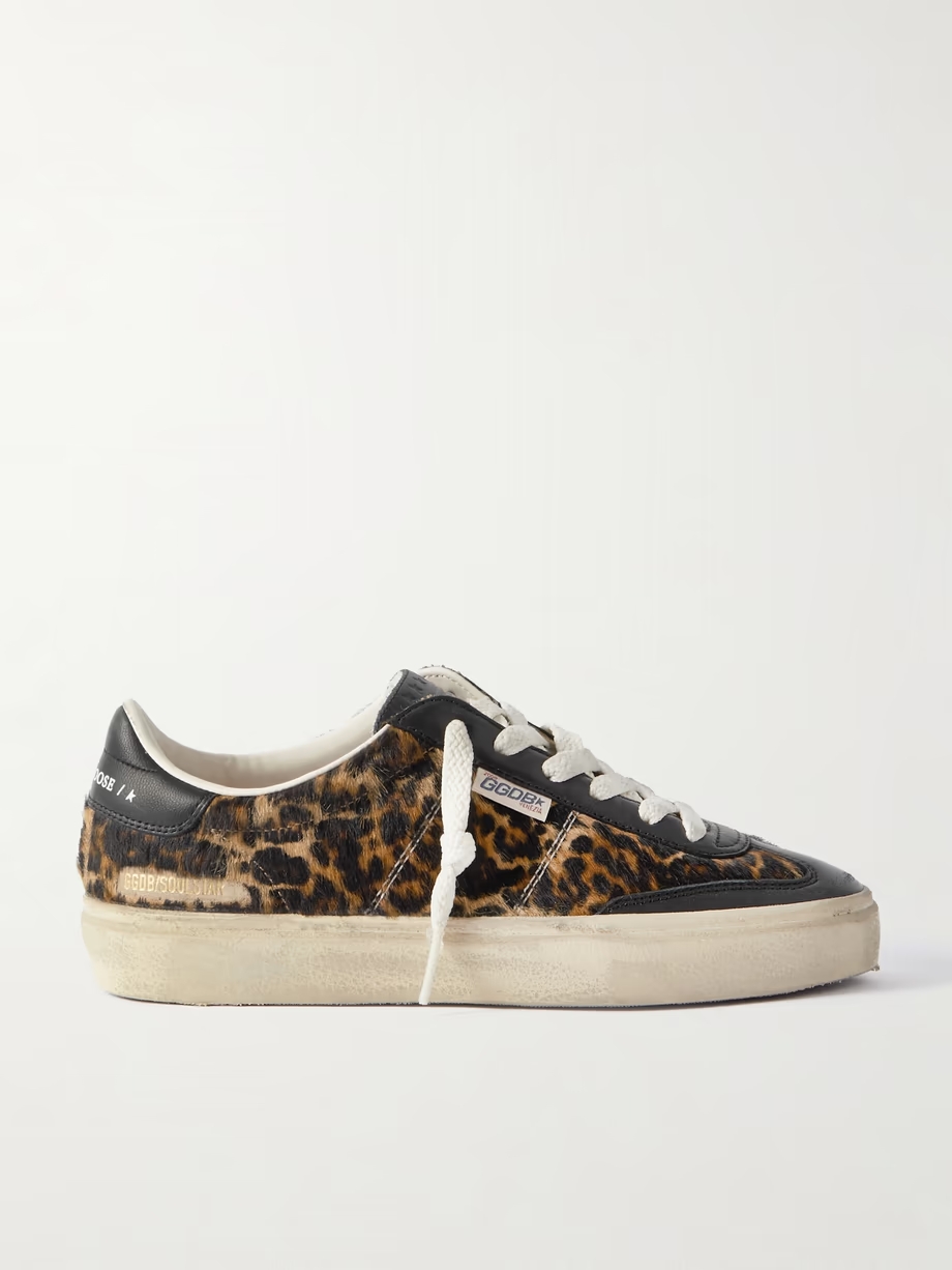 Soul-Star distressed leather-trimmed leopard-print calf hair sneakers Soul-Star distressed leather-trimmed leopard-print calf hair sneakers