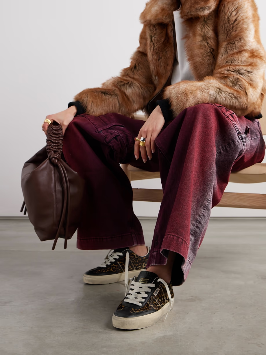Soul-Star distressed leather-trimmed leopard-print calf hair sneakers Soul-Star distressed leather-trimmed leopard-print calf hair sneakers