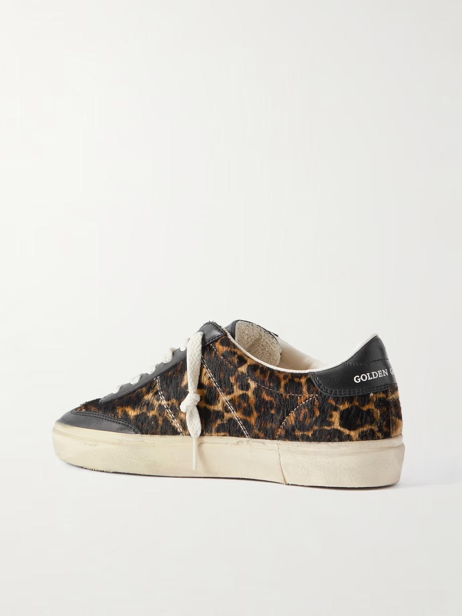 Soul-Star distressed leather-trimmed leopard-print calf hair sneakers Soul-Star distressed leather-trimmed leopard-print calf hair sneakers