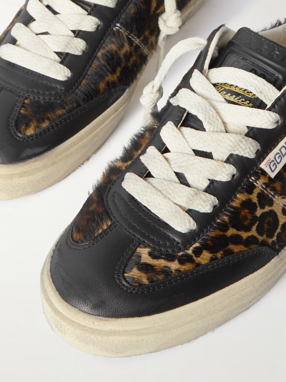 Soul-Star distressed leather-trimmed leopard-print calf hair sneakers Soul-Star distressed leather-trimmed leopard-print calf hair sneakers