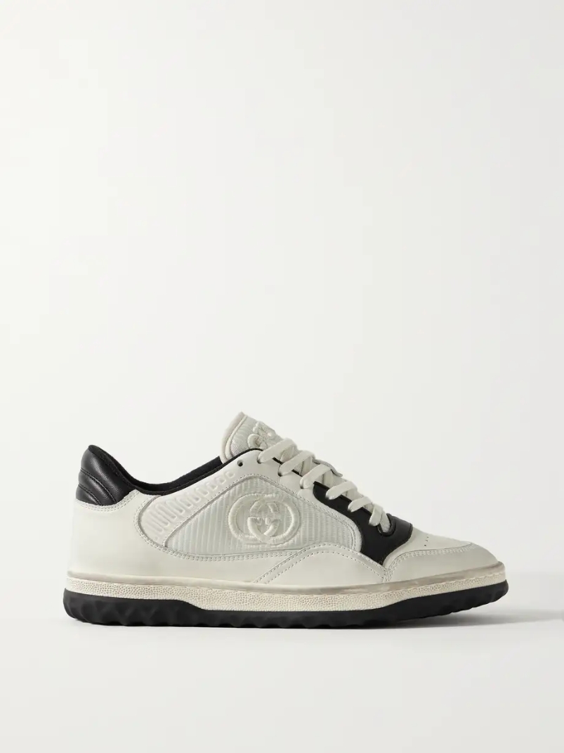 MAC80 distressed leather and embroidered ribbed-knit sneakers MAC80 distressed leather and embroidered ribbed-knit sneakers