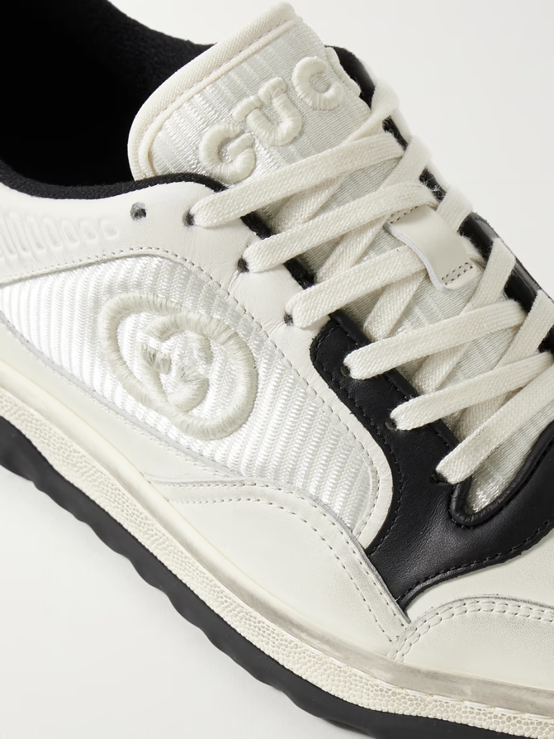 MAC80 distressed leather and embroidered ribbed-knit sneakers MAC80 distressed leather and embroidered ribbed-knit sneakers