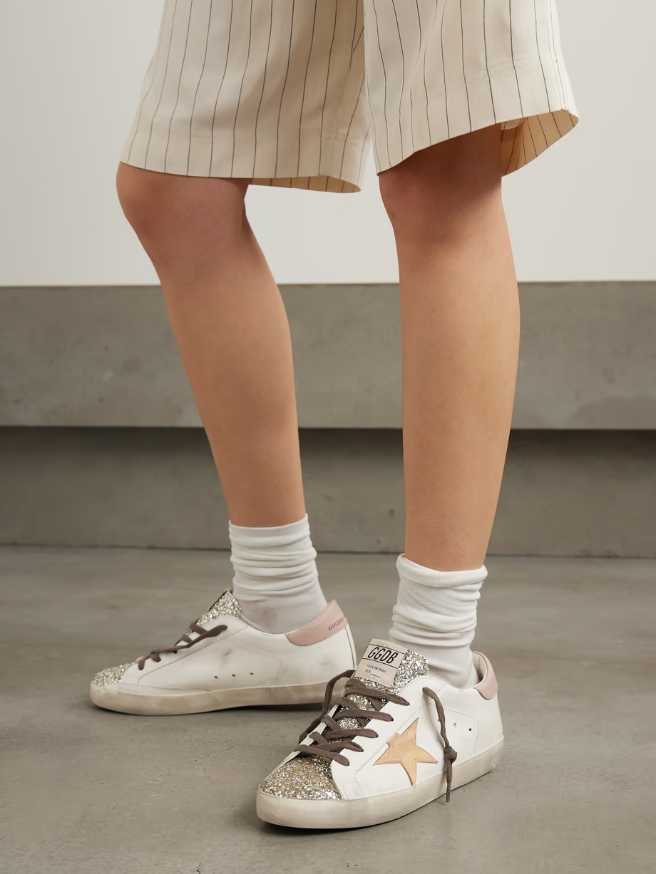 Super-Star distressed suede-trimmed glittered leather sneakers Super-Star distressed suede-trimmed glittered leather sneakers
