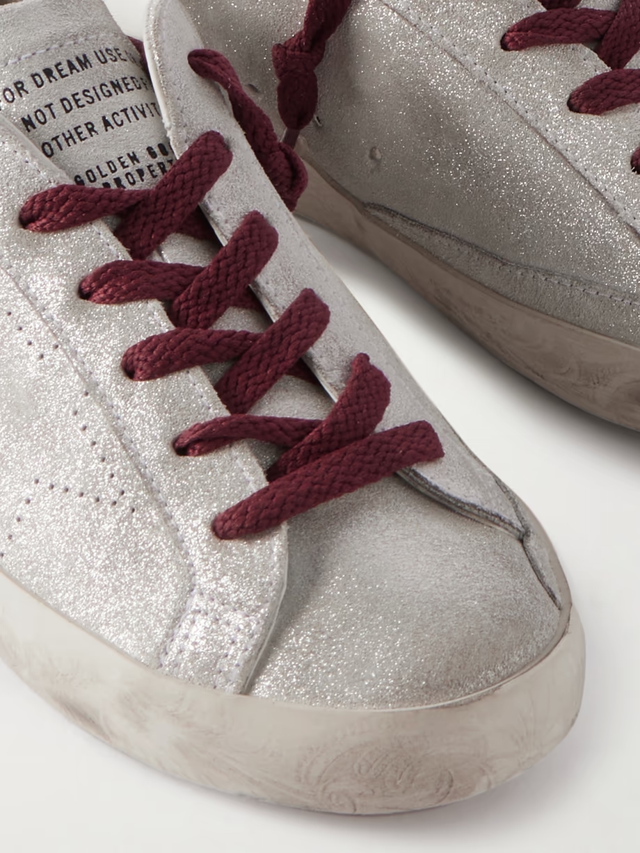 Super-Star distressed leather-trimmed metallic suede sneakers Super-Star distressed leather-trimmed metallic suede sneakers