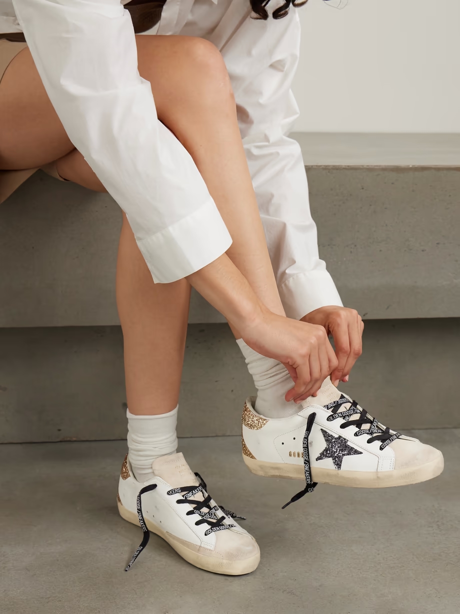 Super-Star distressed suede-trimmed glittered leather sneakers Super-Star distressed suede-trimmed glittered leather sneakers