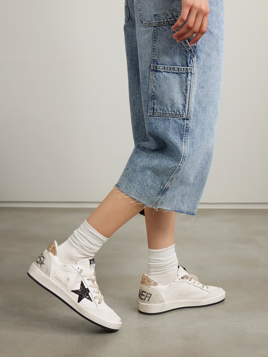 Ball Star distressed glittered suede-trimmed leather sneakers Ball Star distressed glittered suede-trimmed leather sneakers