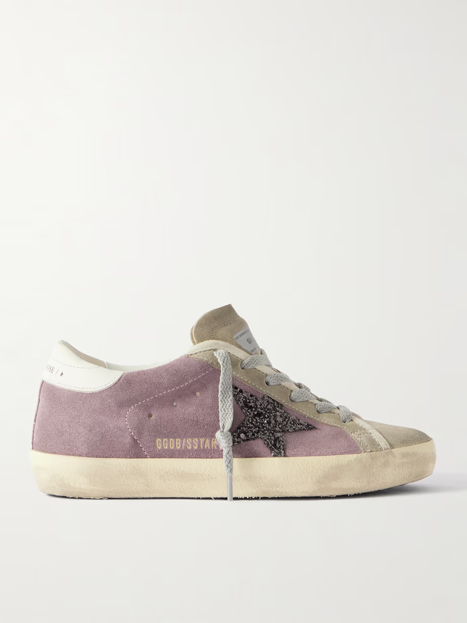 Super-Star leather-trimmed distressed glittered suede sneakers Super-Star leather-trimmed distressed glittered suede sneakers
