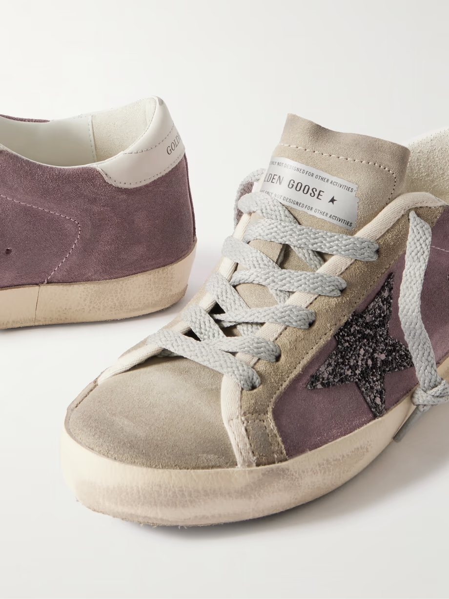 Super-Star leather-trimmed distressed glittered suede sneakers Super-Star leather-trimmed distressed glittered suede sneakers