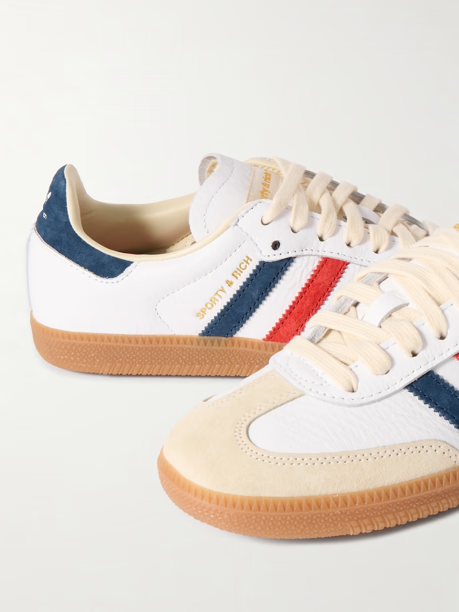 + Sporty & Rich Olympic Samba OG satin and suede-trimmed leather sneakers + Sporty & Rich Olympic Samba OG satin and suede-trimmed leather sneakers