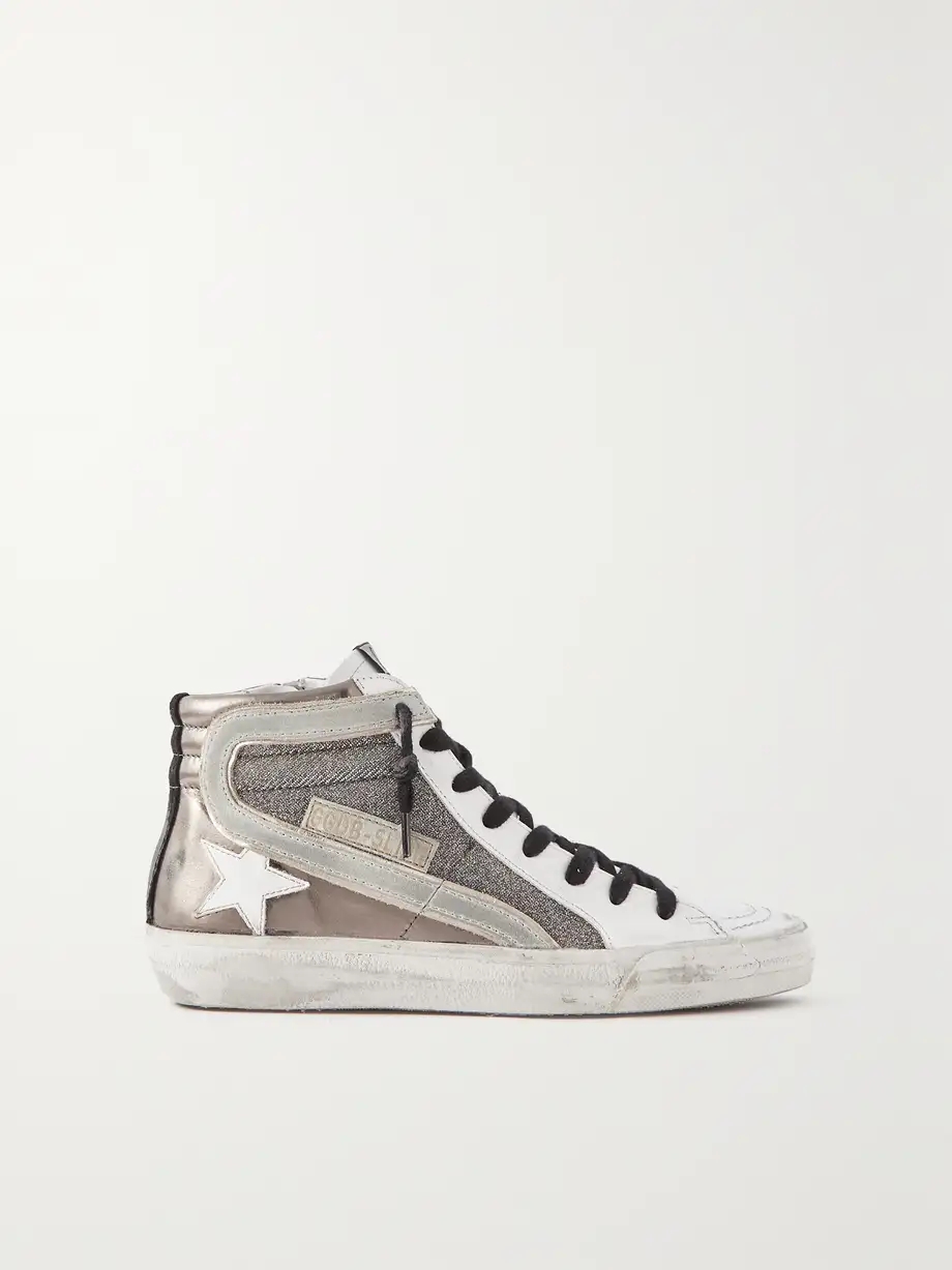 Slide distressed suede-trimmed leather and Lurex high-top sneakers Slide distressed suede-trimmed leather and Lurex high-top sneakers
