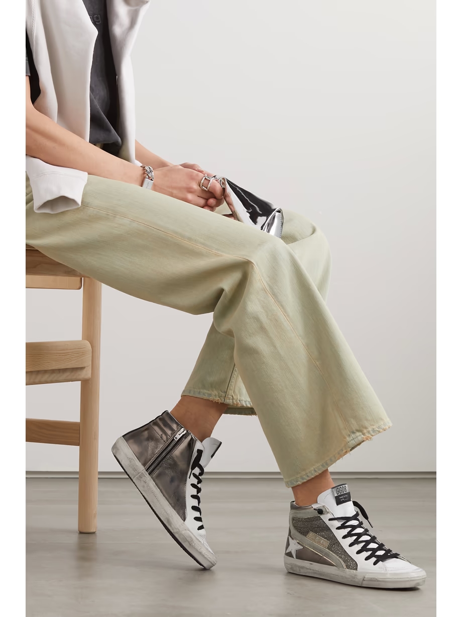Slide distressed suede-trimmed leather and Lurex high-top sneakers Slide distressed suede-trimmed leather and Lurex high-top sneakers