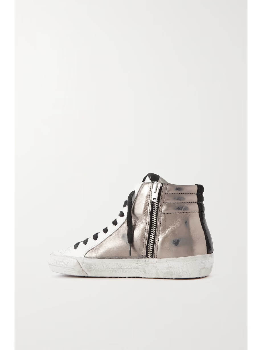 Slide distressed suede-trimmed leather and Lurex high-top sneakers Slide distressed suede-trimmed leather and Lurex high-top sneakers