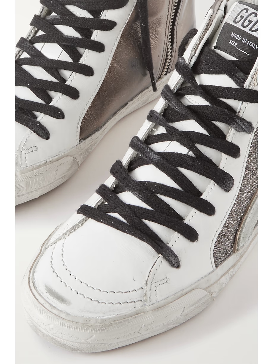 Slide distressed suede-trimmed leather and Lurex high-top sneakers Slide distressed suede-trimmed leather and Lurex high-top sneakers