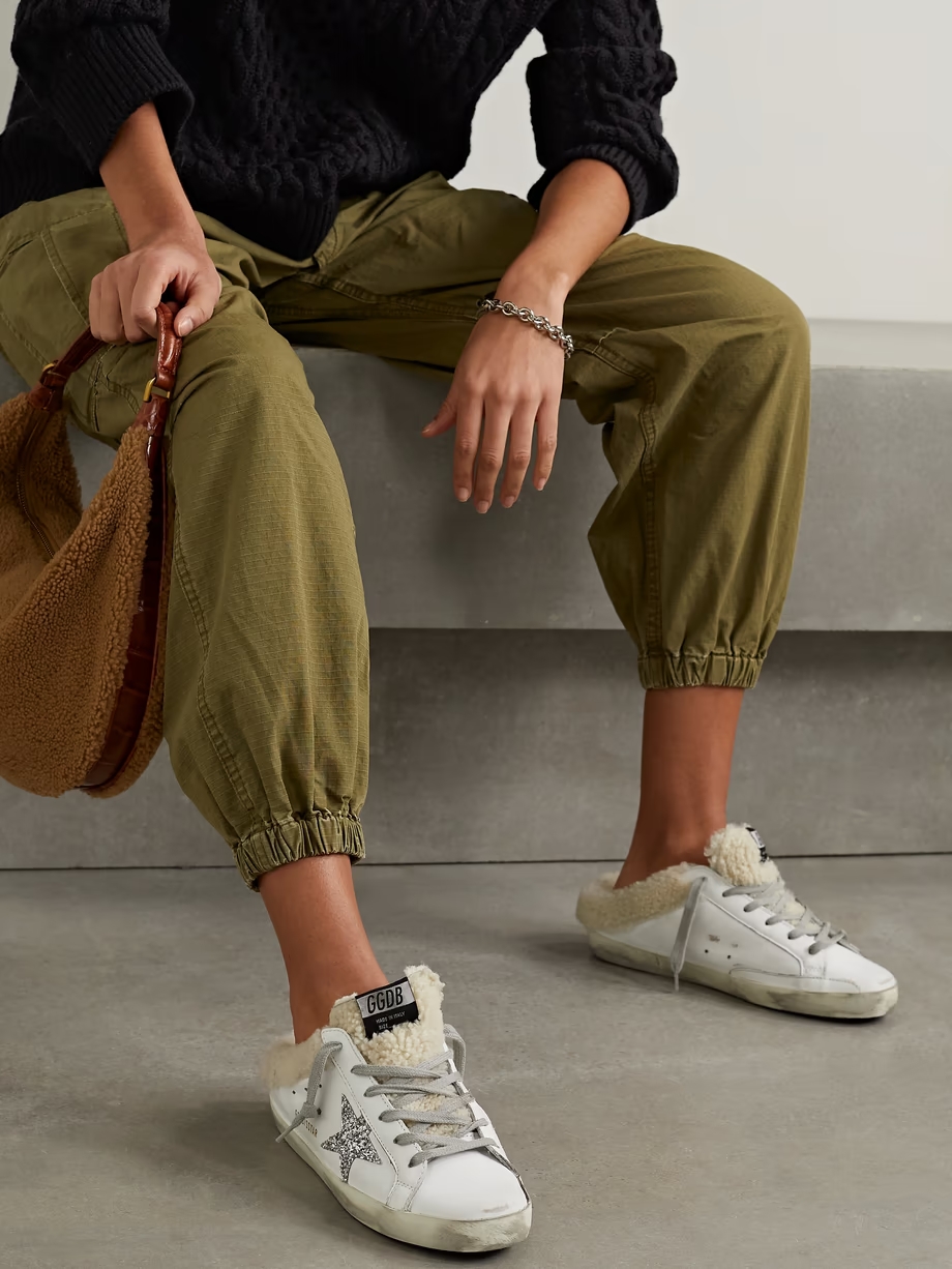 Superstar Sabot shearling-lined distressed glittered leather slip-on sneakers Superstar Sabot shearling-lined distressed glittered leather slip-on sneakers