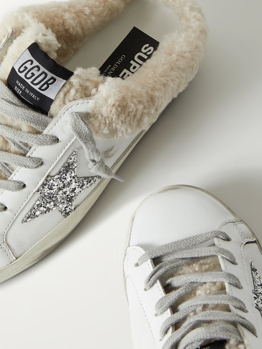 Superstar Sabot shearling-lined distressed glittered leather slip-on sneakers Superstar Sabot shearling-lined distressed glittered leather slip-on sneakers