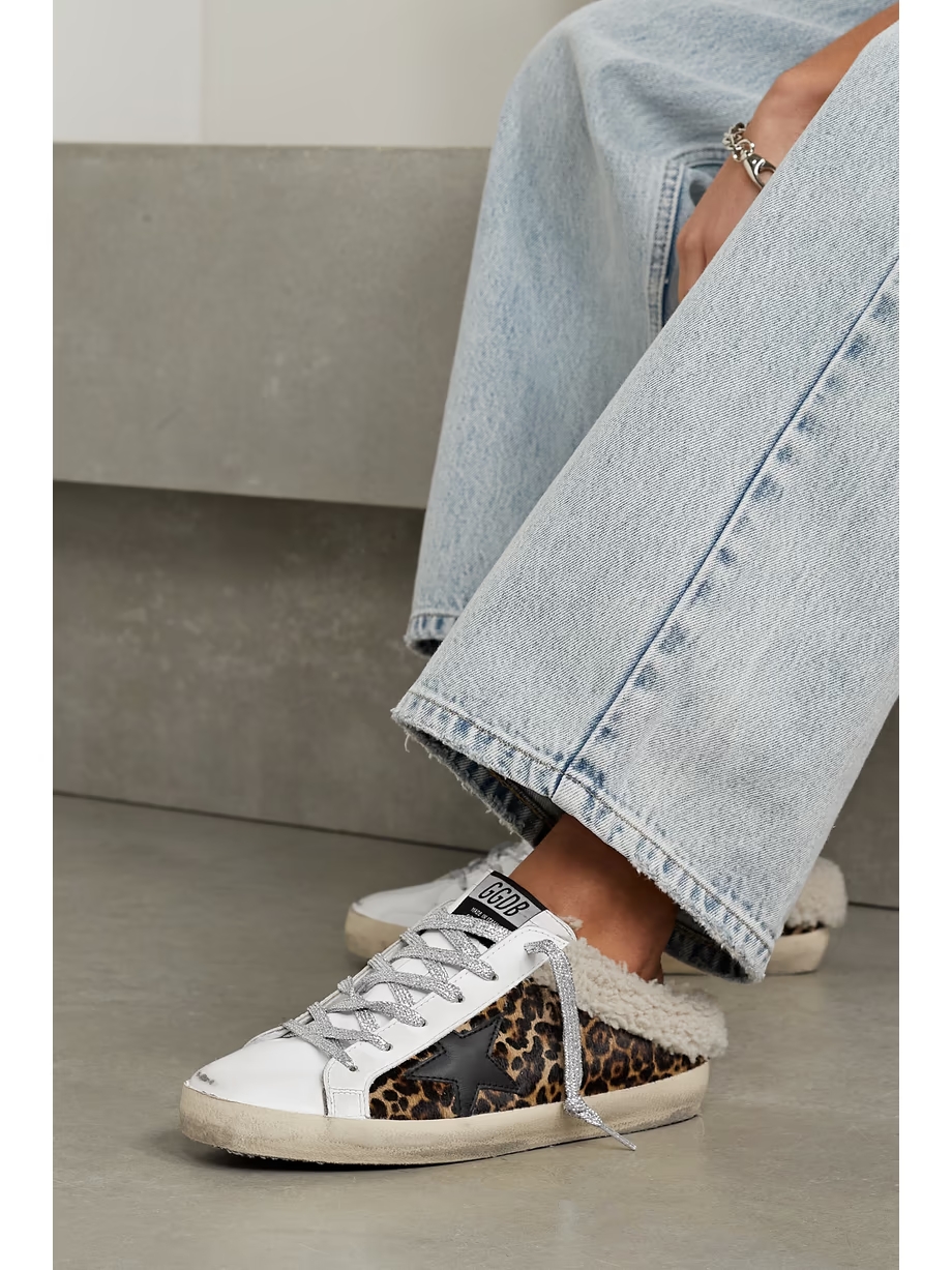 Superstar Sabot shearling-lined distressed leopard-print calf hair and leather slip-on sneakers Superstar Sabot shearling-lined distressed leopard-print calf hair and leather slip-on sneakers