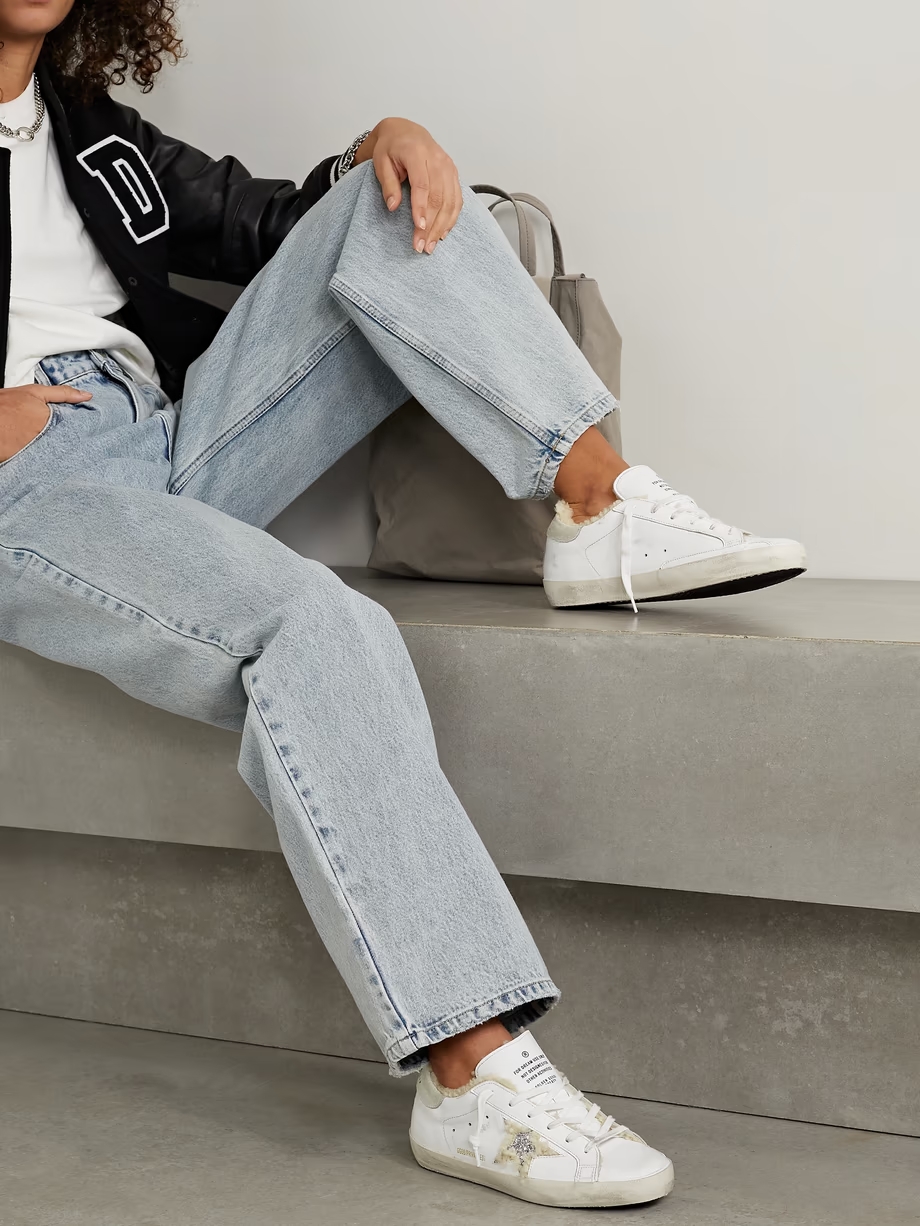 Superstar shearling-lined distressed glittered leather sneakers Superstar shearling-lined distressed glittered leather sneakers