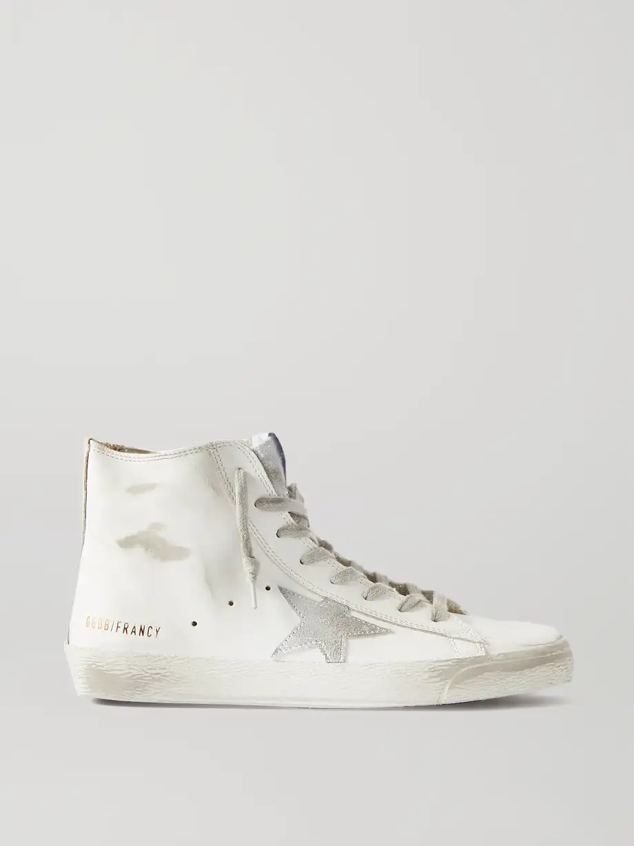 Francy glittered distressed leather and suede high-top sneakers Francy glittered distressed leather and suede high-top sneakers