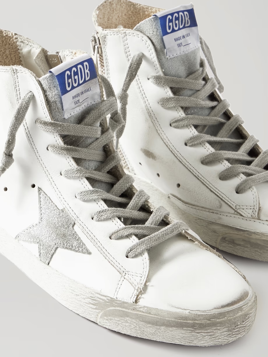 Francy glittered distressed leather and suede high-top sneakers Francy glittered distressed leather and suede high-top sneakers