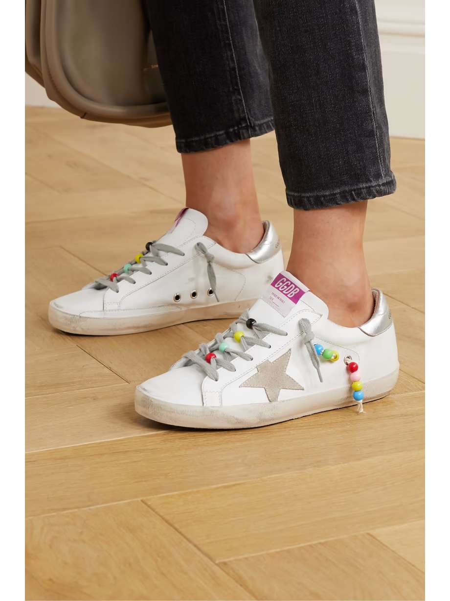 Superstar bead-embellished distressed leather and suede sneakers Superstar bead-embellished distressed leather and suede sneakers