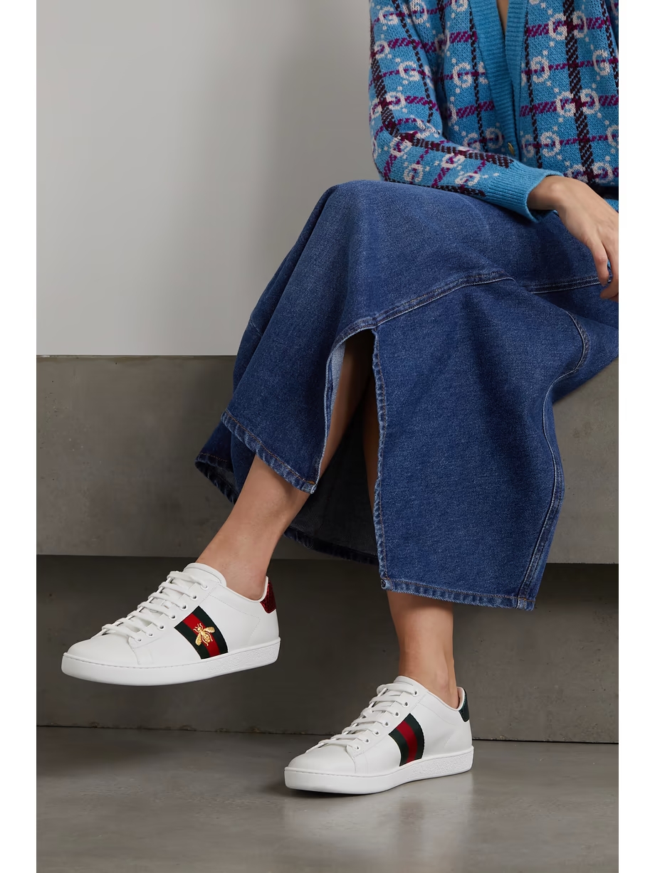 Ace watersnake-trimmed embroidered leather sneakers Ace watersnake-trimmed embroidered leather sneakers