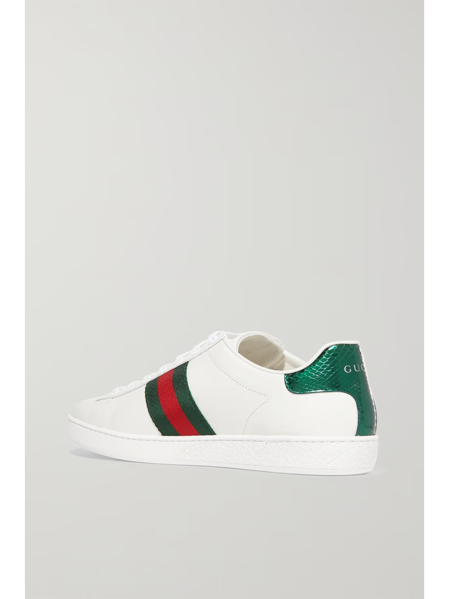 Ace watersnake-trimmed embroidered leather sneakers Ace watersnake-trimmed embroidered leather sneakers